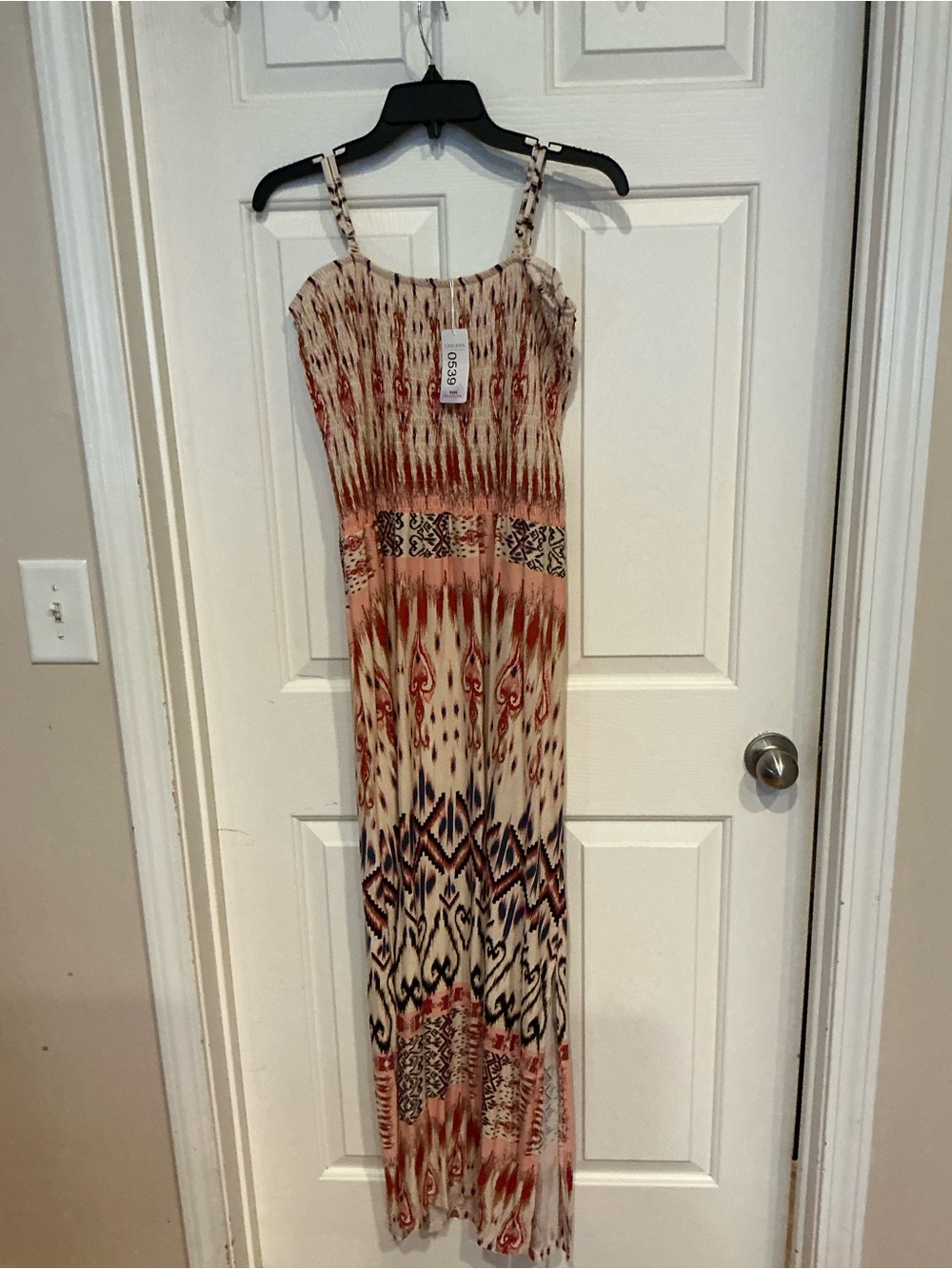 Spaghetti-Strap Printed Maxi Dress in Beige and Rust